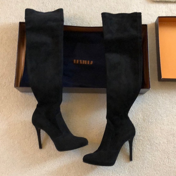 black suede knee high stiletto boots